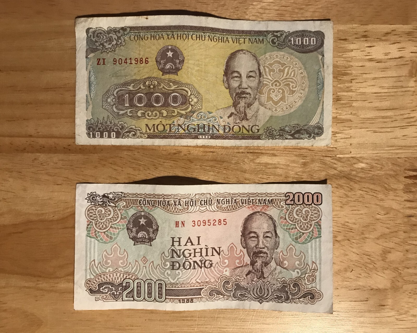 1988 1000 and 2000 Đồng notes – Viet Nam Currency – Circulated – Free Shipping