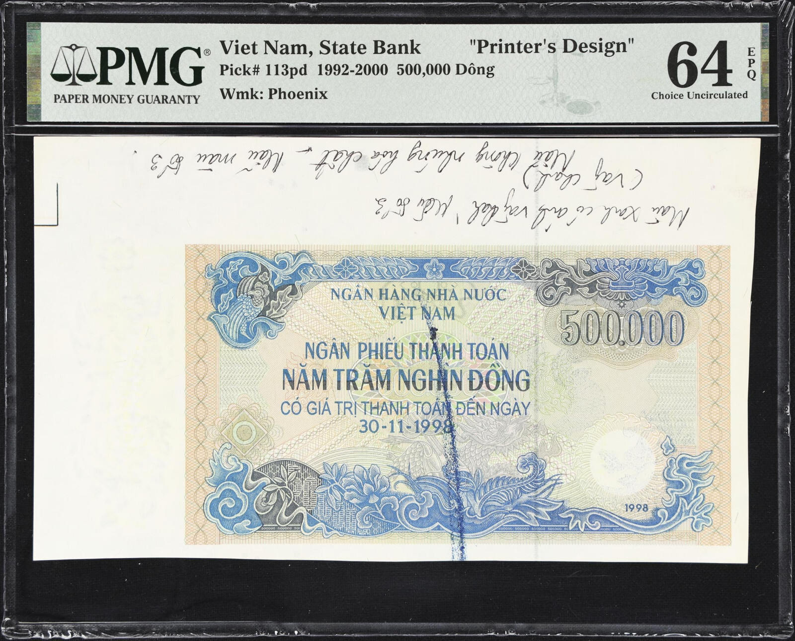 Vietnam 500000 Dong 1998 Settlement Check Printer Design 113pd CH UNC PMG 64 EPQ