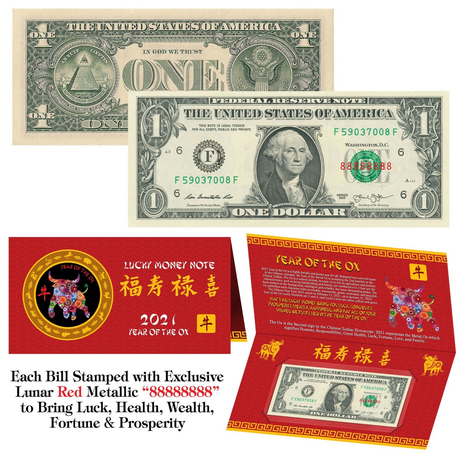 2021 Chinese YEAR of the OX Red Lunar Metallic Lucky 8 Genuine $1 Bill w/ Folder