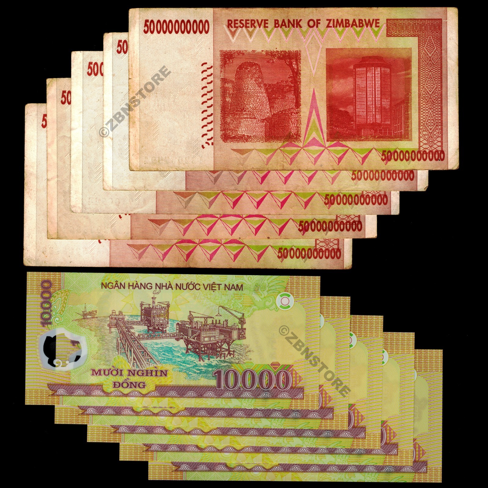 5 x 50 Billion Dollars Zimbabwe + 5 x 10,000 Vietnam Dong VND Banknotes + COA
