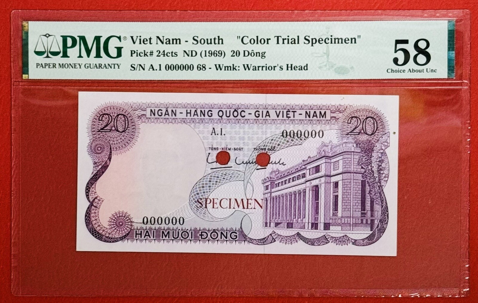 Vietnam South – Specimen 20 Dong 1969 PICK# 24cts PMG: 58 Choice AUNC. #PL2954