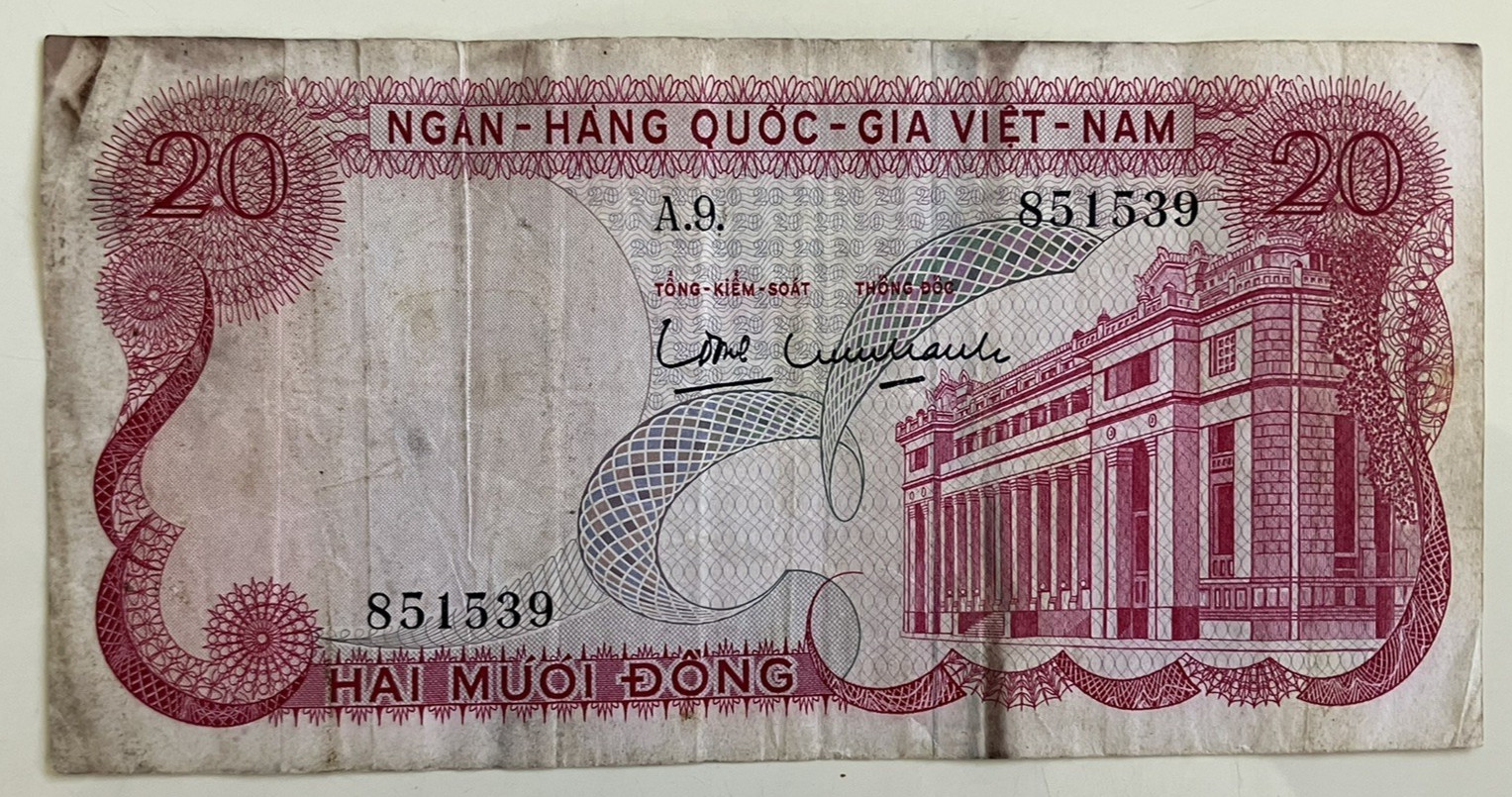 Vietnam NGAN-HANG QUOC-GIA VIET-NAM 20 Banknote P-24 Currency 1969 Bank Building