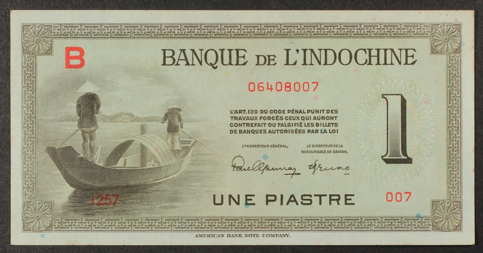 French Indo China 1945-1951 1 Piastre Banknote …. AU
