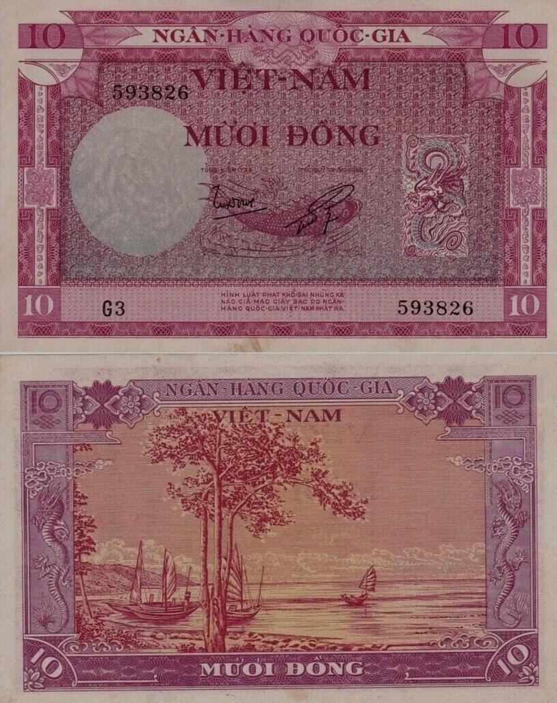 VIETNAM SOUTH 10 DONG P-3 1955 x 1 Pcs Dragon BOAT Vietnamese Currency BANK NOTE