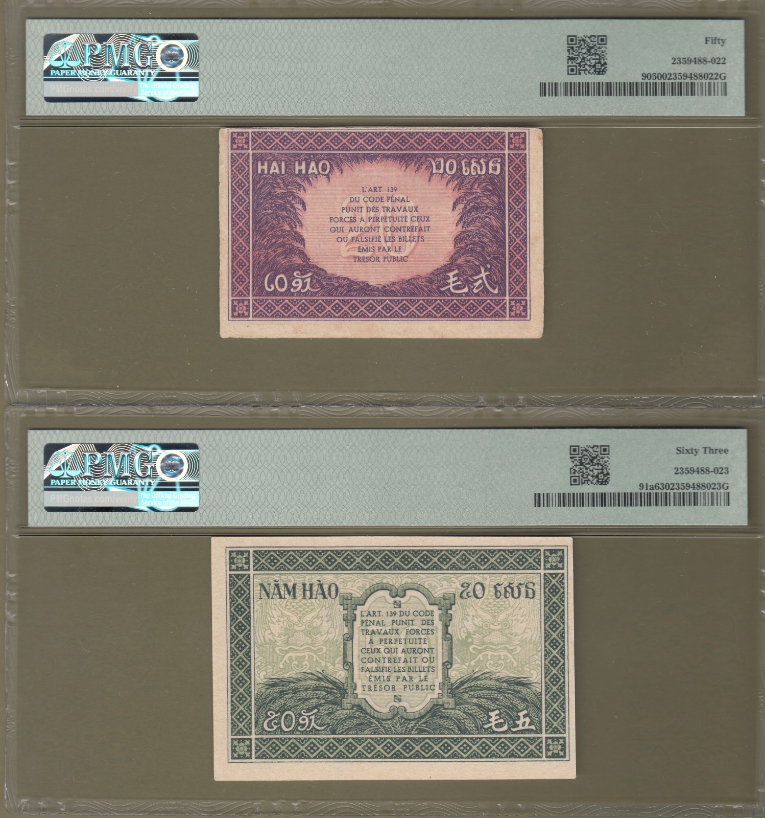 French Indochina/Vietnam 1942 PMG Certified 20c, 50c Banknotes P# 90, 91a AUNC.