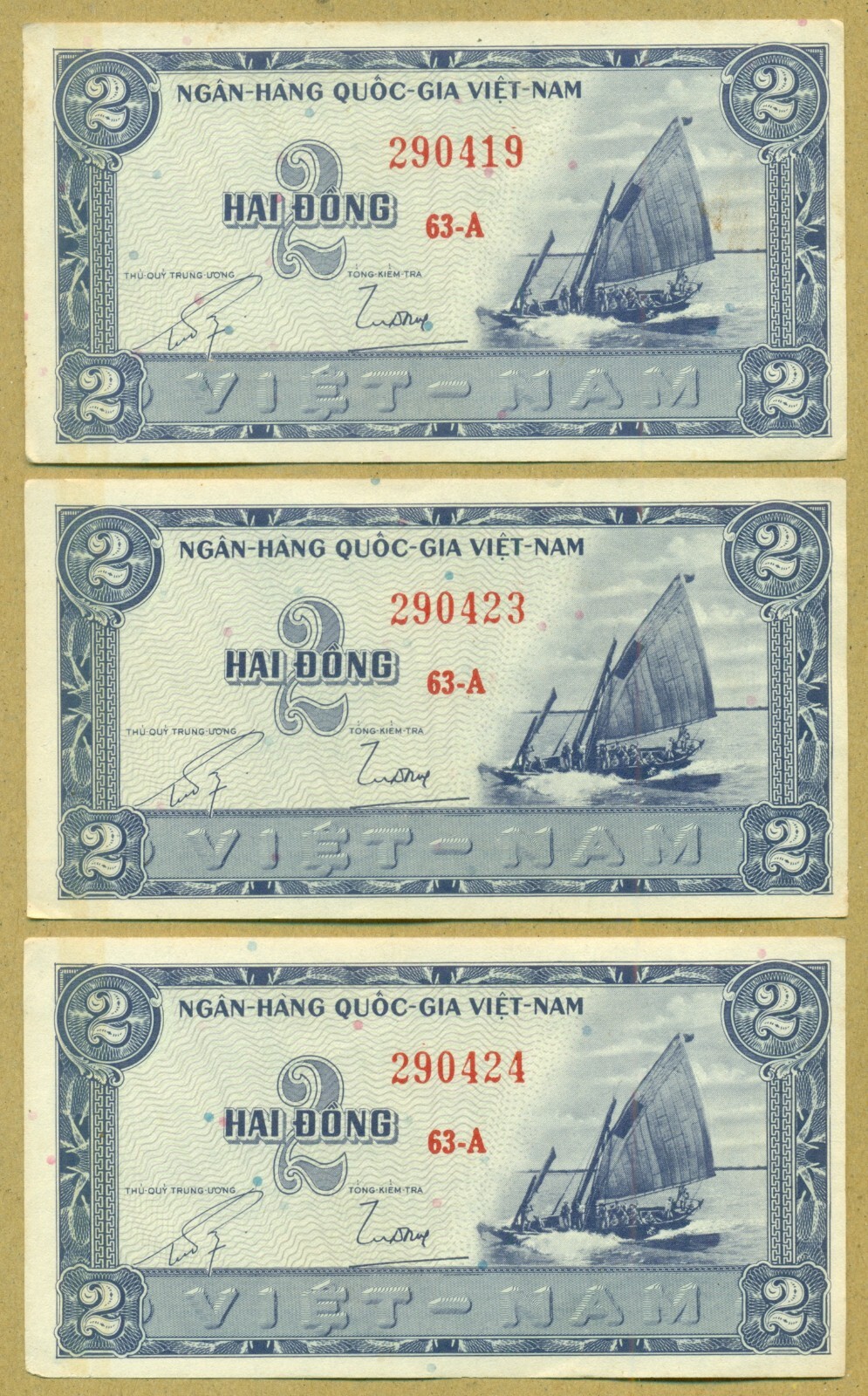 Vietnam South 1955 2 Dong P. 11a, consecutive number lot of 3 notes, high grade